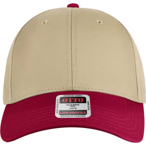A low-profile baseball cap in beige with a red visor, featuring a logo on the front.