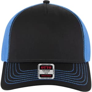A 5-panel low profile trucker cap in black with blue accents and a mesh back, featuring a logo on the front.