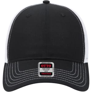 A black and white 6-panel low-profile trucker cap with a logo on the front and contrasting stitching.
