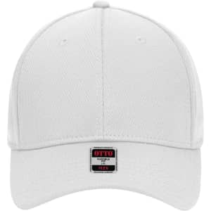 A white six-panel low profile baseball cap with a branded label on the front.