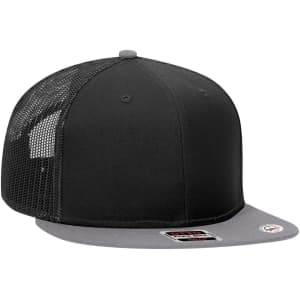 A black six-panel mid-profile trucker cap with a grey undervisor and mesh back, featuring a logo.