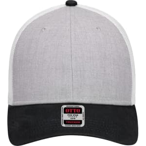A grey and black 6 panel low profile trucker cap featuring a logo and a curved brim.