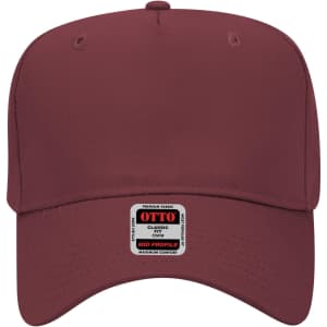 A maroon 5 panel mid crown baseball cap featuring a logo on the front and a structured design.