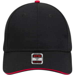 A black low profile baseball cap with a red underside and a label logo on the front.