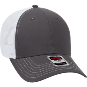 A grey and white 6-panel low profile trucker cap with a mesh back and a branded label on the front.