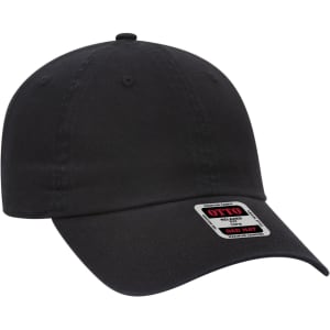 A black 6 panel low profile dad cap with a branded tag. The cap features a rounded crown and a curved brim.