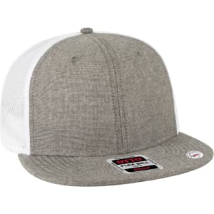 A grey and white 6 panel mid profile trucker cap with a mesh back and a logo on the front.