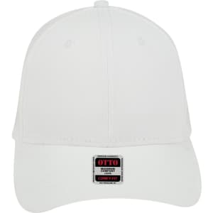 A white low profile baseball cap featuring six panels and a branding label on the front.