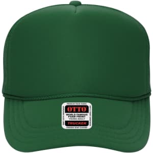 A green 5 panel high crown trucker cap featuring a branded logo on the front.