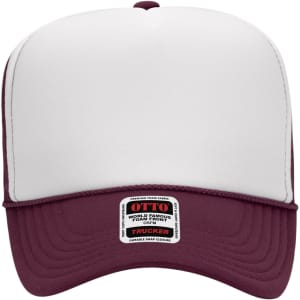 A five-panel high crown trucker cap in maroon and white, featuring a logo on the front.