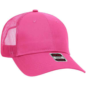 A pink low profile trucker cap with a mesh back and a logo on the front.