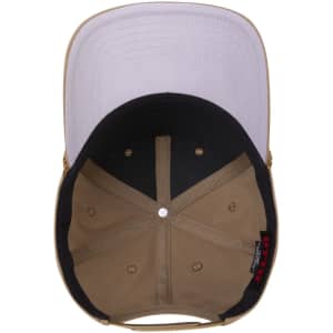 An inside view of a 5 panel mid-profile baseball cap in tan and grey with a logo.