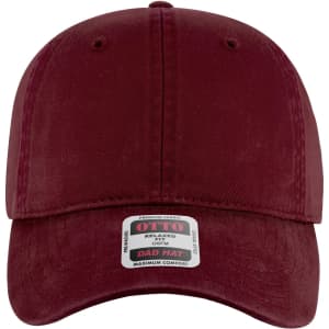 A maroon 6 Panel Low Profile Dad Cap with a curved brim and a label on the side.