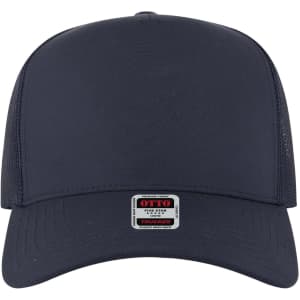 A navy 5 panel mid profile trucker cap featuring a mesh back and a branded label on the front.