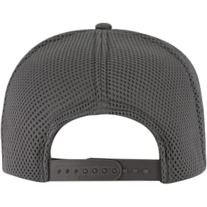 A high crown grey trucker hat featuring an air mesh back and an adjustable strap. Includes a logo on the back.