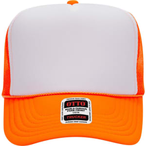 A high crown trucker cap featuring a white front and orange mesh sides, equipped with a brand logo.