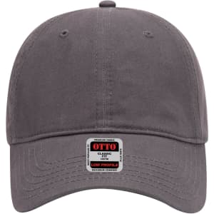A grey 6 panel low profile baseball cap featuring a logo on the front and a curved brim.