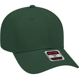 A dark green 6 panel low profile baseball cap with a logo and a stitched brim.
