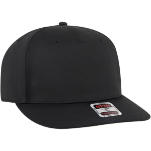 A black 5 Panel Pro Style Snapback Hat featuring a structured design and a logo on the front.