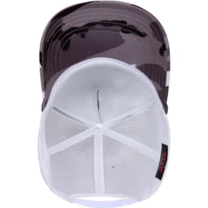 A high crown trucker cap in grey camo, featuring a white mesh back and an internal branding label.