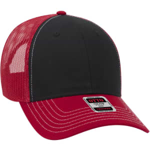 A 6-panel low profile trucker cap in red and black, featuring a mesh back and an identifiable logo.