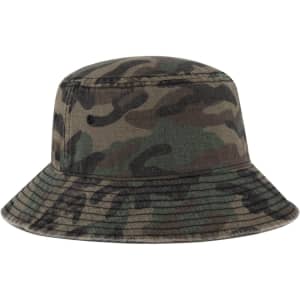 A camouflage bucket hat with a wide brim and a textured fabric, featuring a small logo.