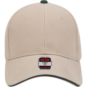 A beige 6-panel low profile baseball cap with a dark green underside and a logo on the front.