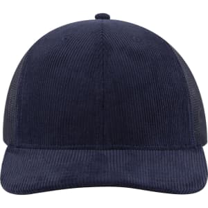 A navy blue 6 panel mid profile trucker cap with mesh sides and a structured front. Features a logo.