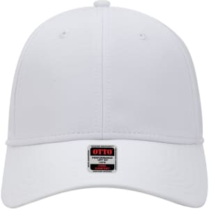 A white six-panel low profile baseball cap with a branding logo at the front. Made for UPF 50+ sun protection.