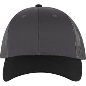 A 6 panel low profile trucker cap featuring a grey front and black brim, with a mesh back and logo.