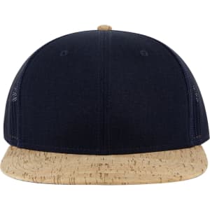 A navy trucker cap with a cork brim and mesh sides, featuring a logo on the front.