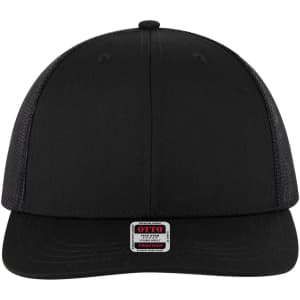A black 6-panel mid-profile trucker cap with a mesh back and a logo on the front.