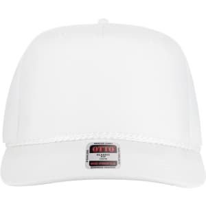 A white 5-panel mid-profile baseball cap with a brand label on the front and a decorative trim on the peak.