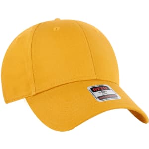 A yellow six-panel low profile baseball cap with a curved brim and an attached logo.