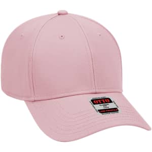 A pink six-panel low profile baseball cap with a logo on the front.