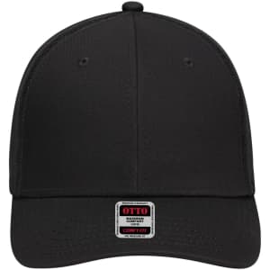 A black low profile baseball cap with a six-panel design and a logo on the front.