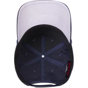 A 5 panel mid profile baseball cap in navy blue with a grey underside, featuring a logo inside.