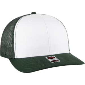 A 6 panel mid profile trucker cap featuring white front panels and a green visor, with a mesh back and logos.