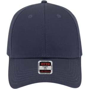 A navy low profile baseball cap featuring a branded label on the front. The cap has six panels.