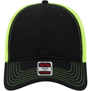 A black and neon green 6 panel low profile trucker cap with a logo on the front and contrasting stitching.