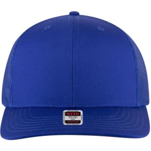 A blue 6 panel mid profile trucker cap with mesh sides and a small logo on the front.