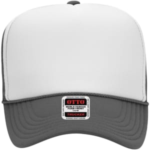 A high crown trucker cap featuring a white front and grey mesh back, with a logo on the front label.