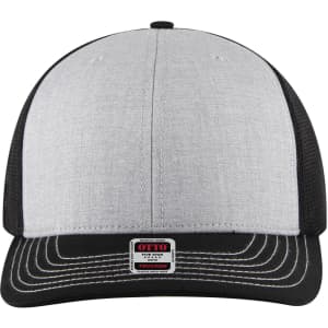 A grey and black 6 panel mid-profile trucker cap with a mesh back and a label on the front.