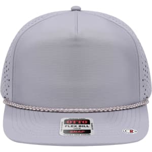 A light grey 5 panel snapback hat with a braided rope detail and a logo tag on the front.