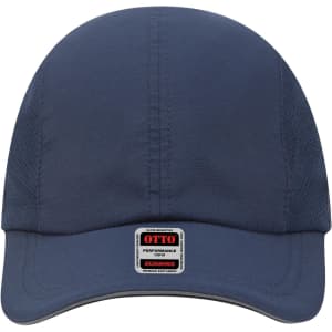 A navy blue reflective six-panel running cap featuring a logo on the front and mesh side panels.