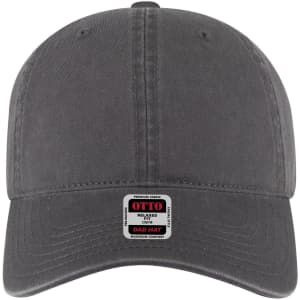 A grey 6-panel low profile dad cap featuring a branded logo tag on the front.