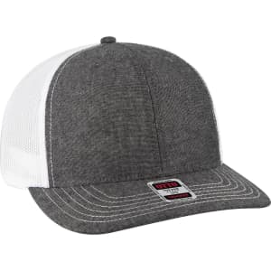 A grey trucker cap with a mid-profile design and white mesh back, featuring a logo on the front.