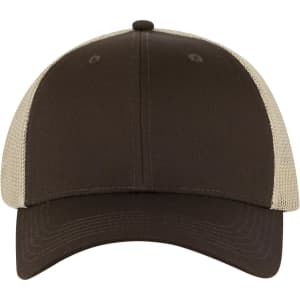 A brown low-profile trucker cap with a beige mesh back and a solid front panel. Features a logo.