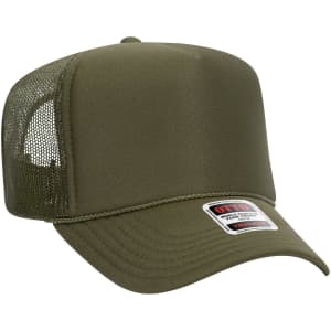 A high crown trucker cap in olive green with a mesh back and a branded tag.