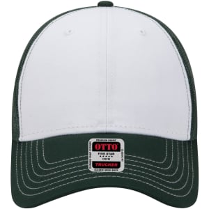 A low profile trucker cap featuring a white front and a dark green mesh back, with a branded tag on the side.